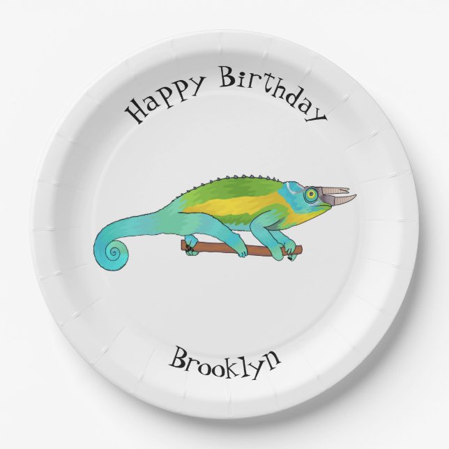 Jackson's chameleon cartoon illustration paper plate (Front)
