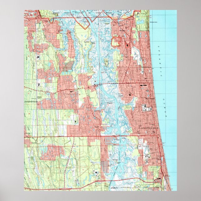 Jacksonville Beach and Atlantic Beach Florida Map Poster (Front)