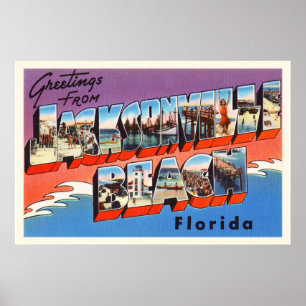 Jacksonville Beach Florida FL Old Travel Souvenir Poster