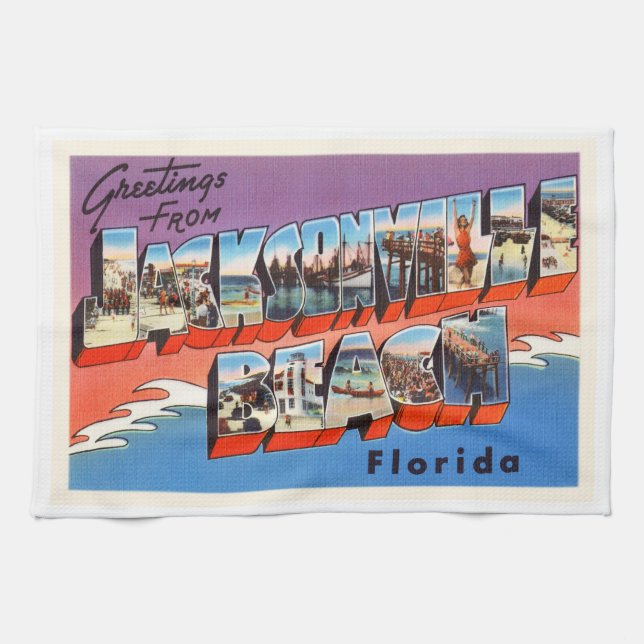 Jacksonville Beach Florida FL Old Travel Souvenir Tea Towel (Horizontal)