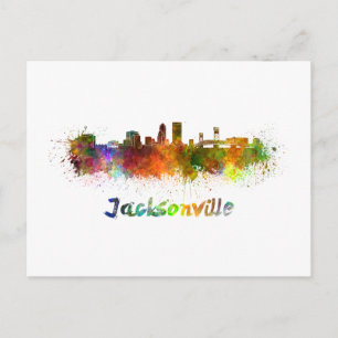 Jacksonville skyline in watercolor postcard