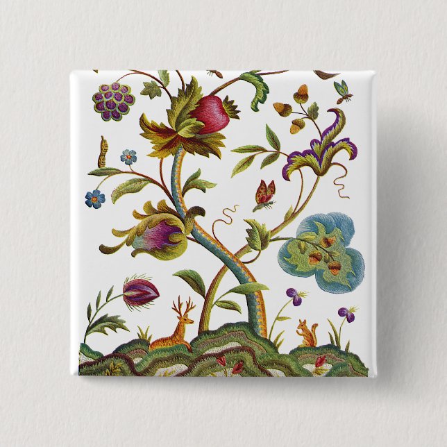 Jacobean Crewel Embroidery Tree of Life 15 Cm Square Badge (Front)