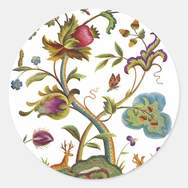 Jacobean Crewel Embroidery Tree of Life Classic Round Sticker (Front)