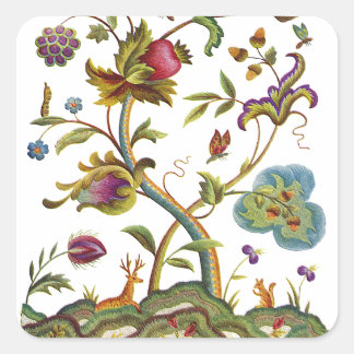 Jacobean Crewel Embroidery Tree of Life Square Sticker