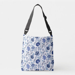 Jacobean Floral Big Pattern Blue on White Crossbody Bag