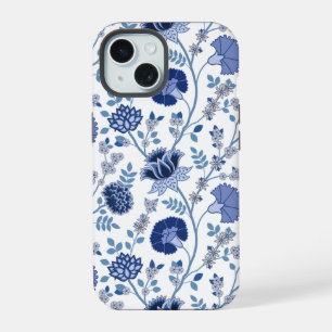 Jacobean Floral Big Pattern Blues on White iPhone 15 Case