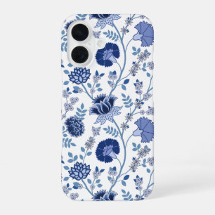 Jacobean Floral Big Pattern Blues on White iPhone 16 Case