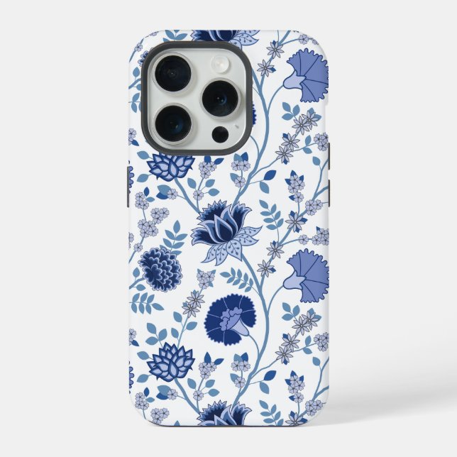 Jacobean Floral Big Pattern Blues on White iPhone Case (Back)