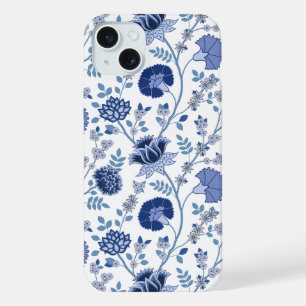 Jacobean Floral Big Pattern Blues on White iPhone 15 Plus Case