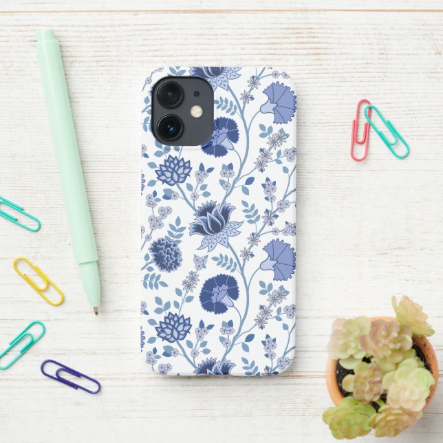 Jacobean Floral Big Pattern Blues on White iPhone Case (On Desk)