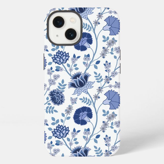 Jacobean Floral Big Pattern Blues on White iPhone Case (Back)