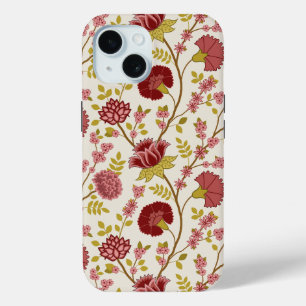 Jacobean Floral Big Pattern Reds Pinks Gold Cream iPhone 15 Case