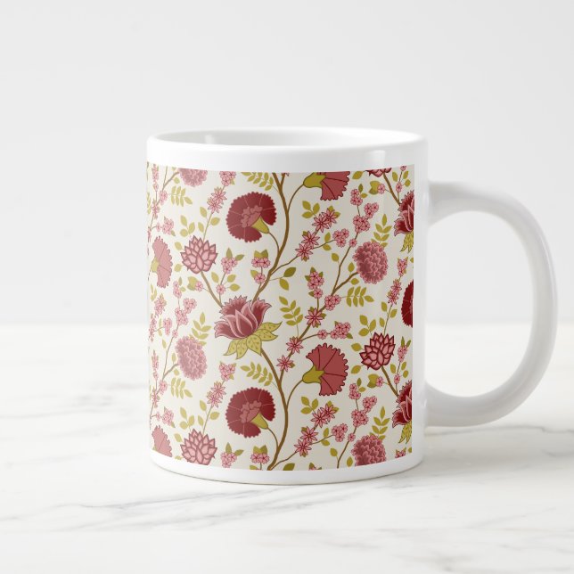 Jacobean Floral Big Pattern Reds Pinks Gold Cream Large Coffee Mug (Right)