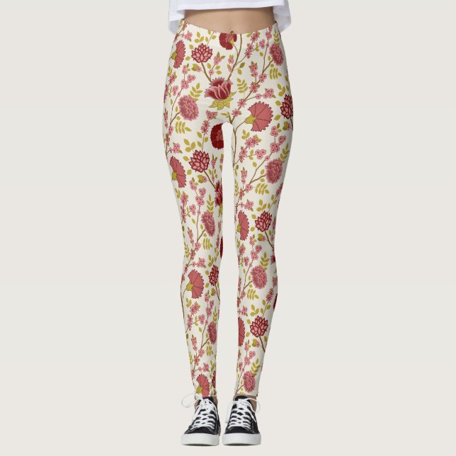 Jacobean Floral Big Pattern Reds Pinks Gold Cream Leggings (Front)