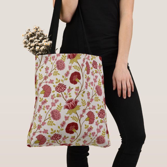 Jacobean Floral Big Pattern Reds Pinks Gold Cream Tote Bag (Close Up)