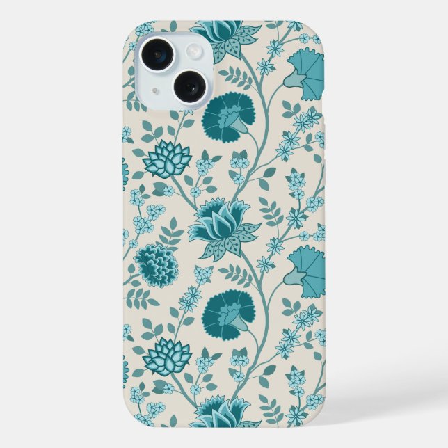 Jacobean Floral Big Pattern Teals on Cream iPhone Case (Back)
