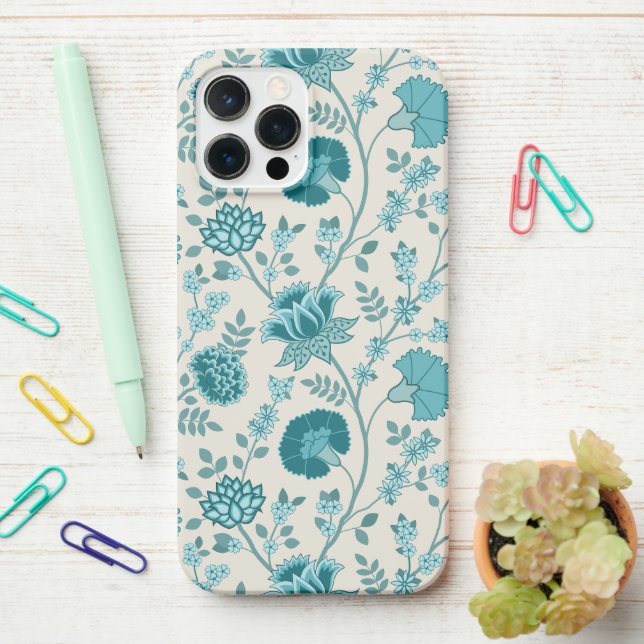 Jacobean Floral Big Pattern Teals on Cream iPhone Case (On Desk)