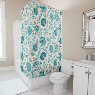 Jacobean Floral Big Pattern Teals on Cream Shower Curtain