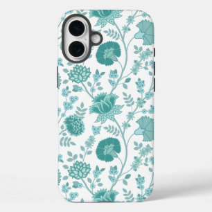 Jacobean Floral Big Pattern Teals on White iPhone 16 Plus Case
