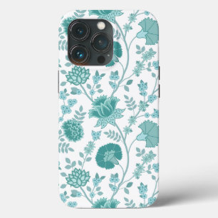 Jacobean Floral Big Pattern Teals on White iPhone 13 Pro Case