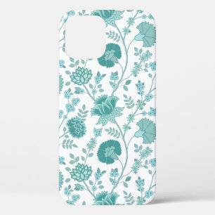 Jacobean Floral Big Pattern Teals on White iPhone 12 Case