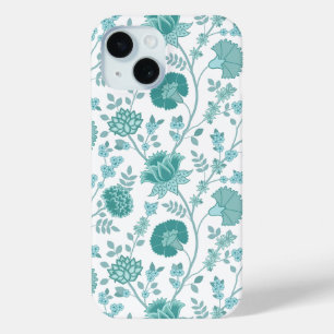 Jacobean Floral Big Pattern Teals on White iPhone 15 Case