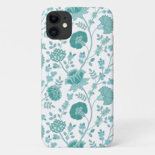 Jacobean Floral Big Pattern Teals on White iPhone 11 Case
