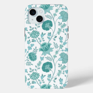 Jacobean Floral Big Pattern Teals on White iPhone 15 Mini Case