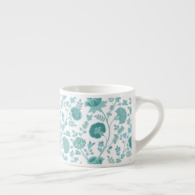 Jacobean Floral Big Pattern Teals on White Espresso Cup (Right)