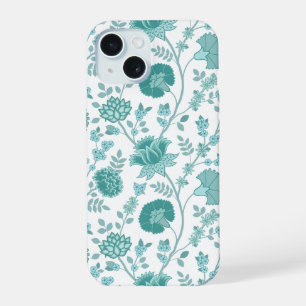 Jacobean Floral Big Pattern Teals on White iPhone 15 Case