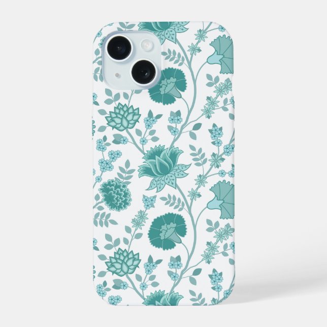 Jacobean Floral Big Pattern Teals on White iPhone 15 Case (Back)