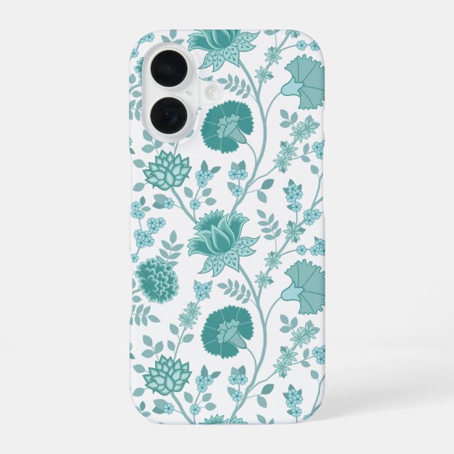 Jacobean Floral Big Pattern Teals on White iPhone 16 Case (Back)