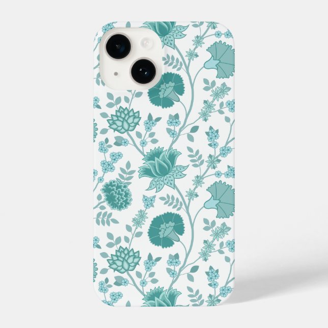 Jacobean Floral Big Pattern Teals on White iPhone Case (Back)