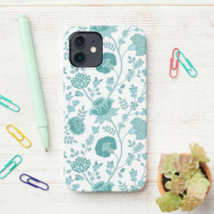 Jacobean Floral Big Pattern Teals on White iPhone 12 Case