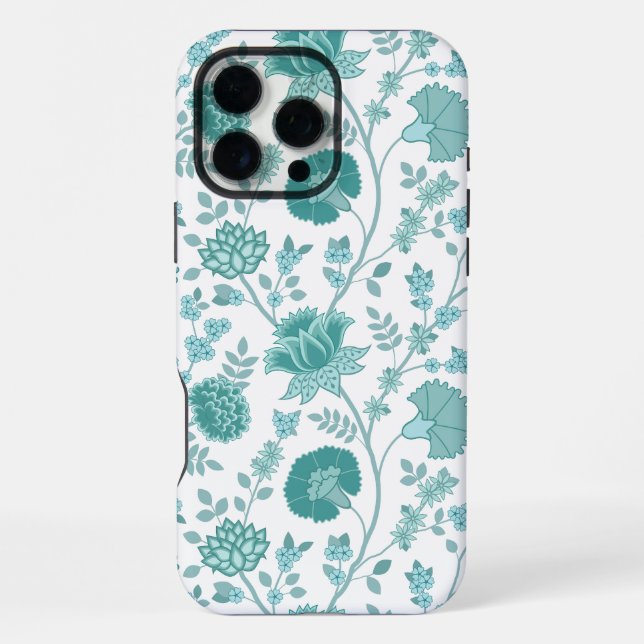 Jacobean Floral Big Pattern Teals on White iPhone Case (Back)
