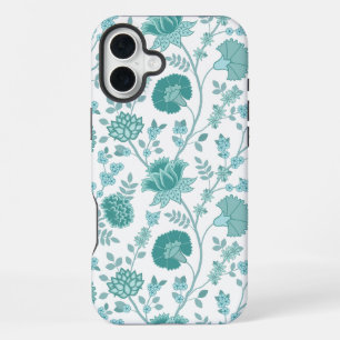 Jacobean Floral Big Pattern Teals on White iPhone 16 Plus Case