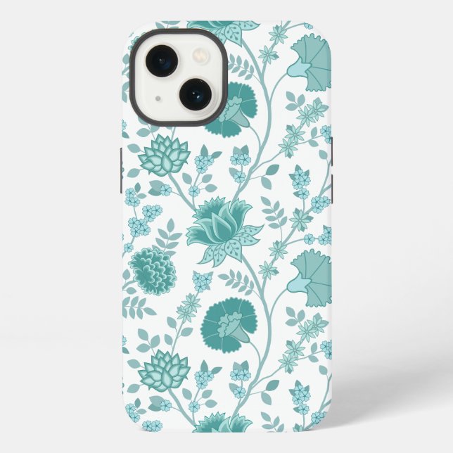 Jacobean Floral Big Pattern Teals on White iPhone Case (Back)