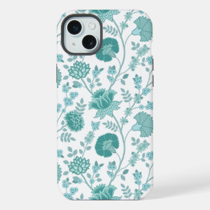 Jacobean Floral Big Pattern Teals on White iPhone 15 Plus Case