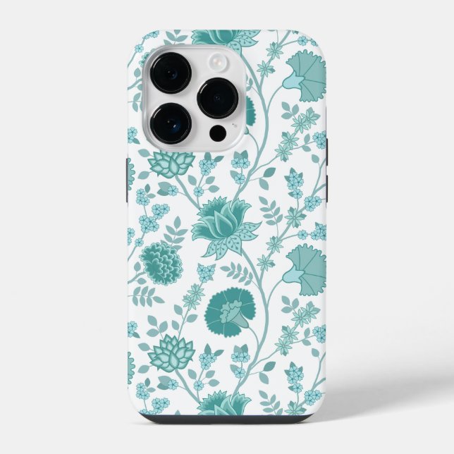 Jacobean Floral Big Pattern Teals on White iPhone Case (Back)
