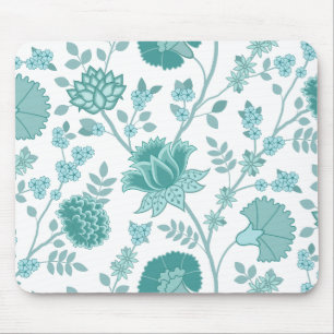 Jacobean Floral Big Pattern Teals on White Mouse Pad