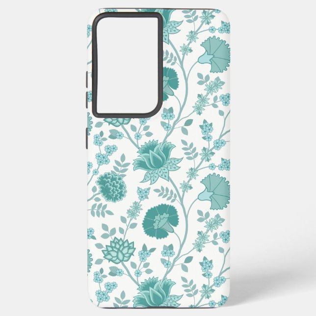 Jacobean Floral Big Pattern Teals on White Samsung Galaxy S21+ Case (Back)