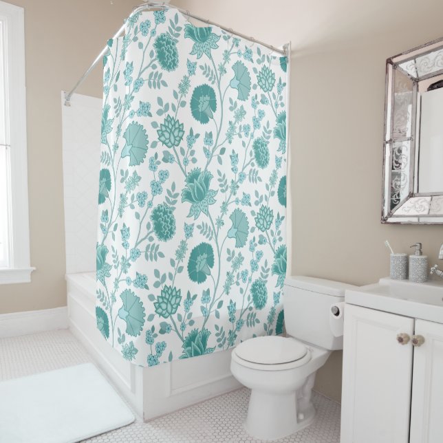Jacobean Floral Big Pattern Teals on White Shower Curtain (In Situ)