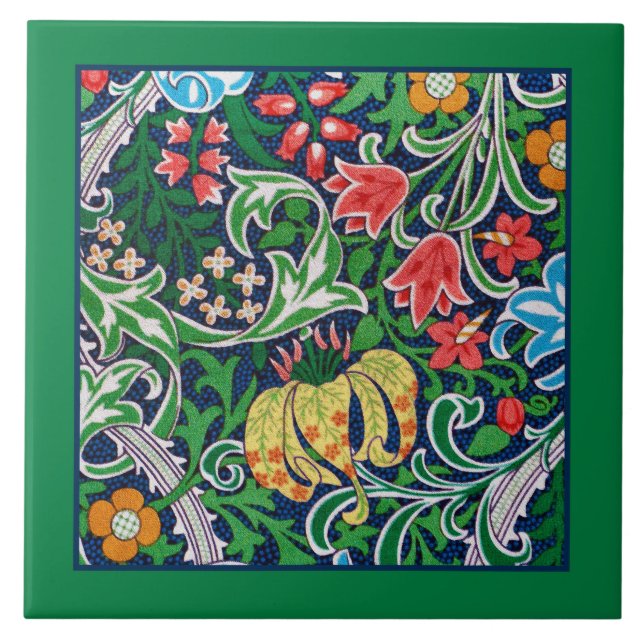 Jacobean Floral Bordered in Emerald Green  Ceramic Tile (Front)