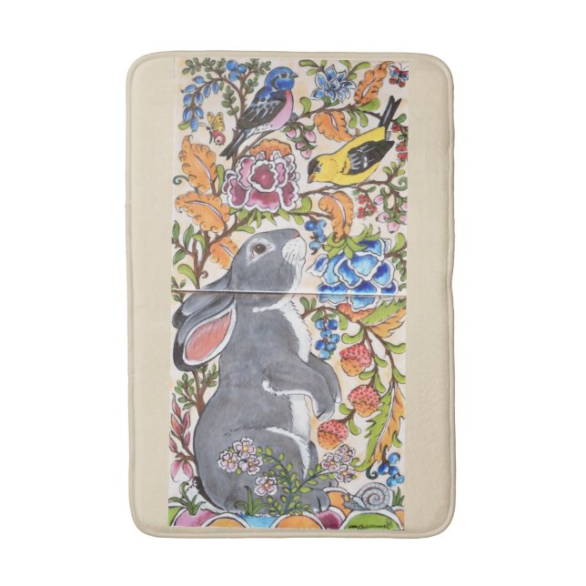 Jacobean Floral Bunny Rabbit and Birds Bath Mat (Front Vertical)