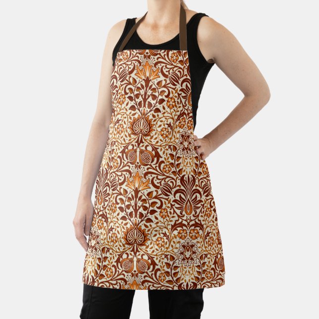 Jacobean Floral Damask, Beige and Chocolate Brown Apron (Insitu)