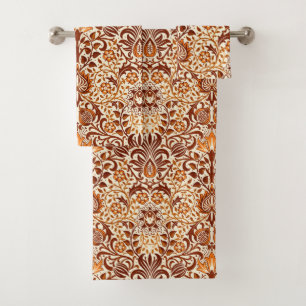 Jacobean Floral Damask, Beige and Chocolate Brown Bath Towel Set