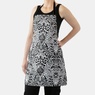 Jacobean Floral Damask, Black, White and Grey  Apron