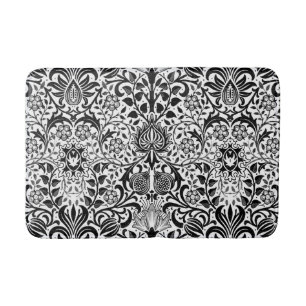 Jacobean Floral Damask, Black, White and Grey Bath Mat