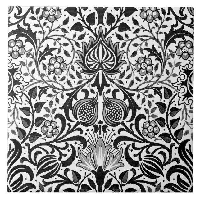 Jacobean Floral Damask, Black, White and Grey  Ceramic Tile (Front)