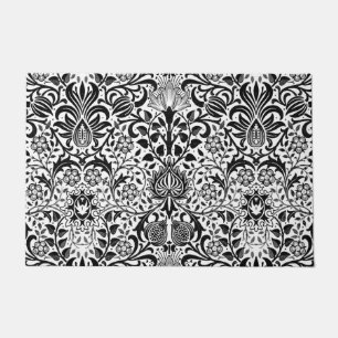 Jacobean Floral Damask, Black, White and Grey  Doormat